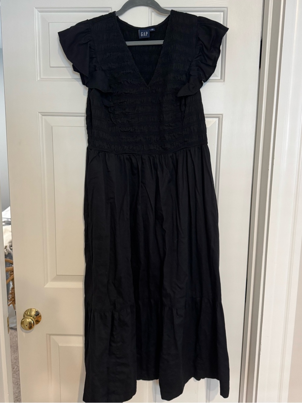 GAP midi smocked Black Ruffle-Sleeve Maxi Dress XL EUC